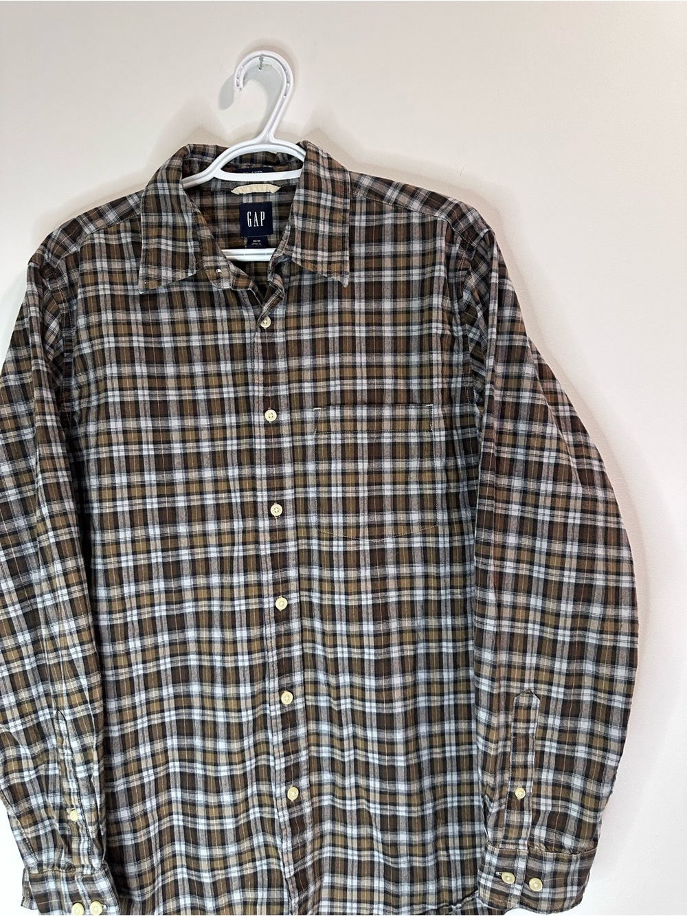 GAP Brown and White Plaid Long-Sleeve Button-Down Shirt